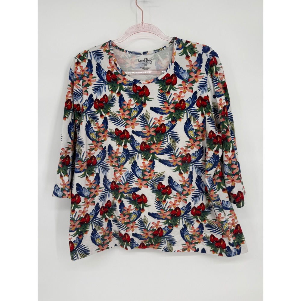 Coral Bay Woman 1X Tropical Floral Print 3/4 Sleeve Tunic Top